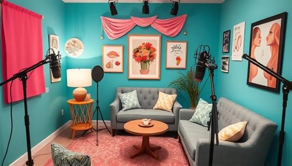 A vibrant podcast recording studio setup with microphones, soundproofing panels, and a cozy seating area for guests, surrounded by beauty-themed decor and inspiration boards, creating a welcoming and professional podcasting environment.