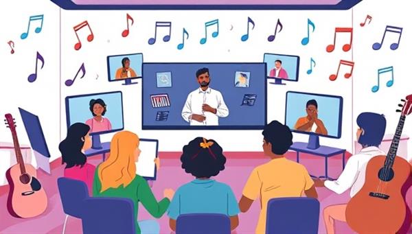 An artistic illustration of a virtual music lesson setup, featuring a diverse group of students interacting with their instructor through screens, surrounded by musical notes and instruments, capturing the essence of virtual music education with a touch of creativity and inclusivity.