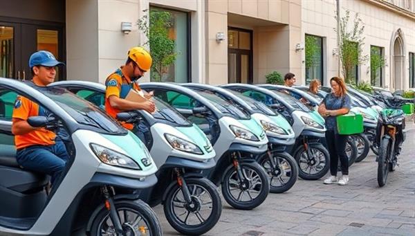 A fleet of electric delivery vehicles lined up outside a business, with courier staff unloading packages and interacting with a satisfied customer, showcasing efficiency and eco-friendly courier services in action.