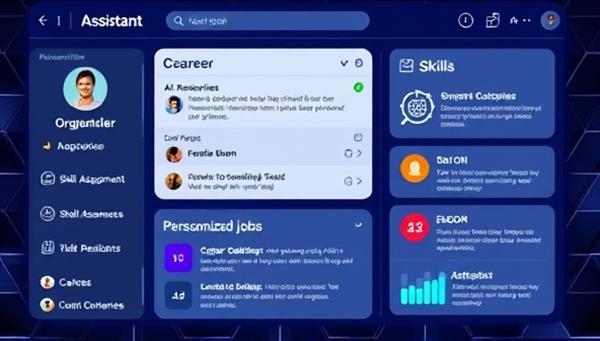 An AI assistant interface displaying career recommendations, skill assessment results, and personalized job search advice for a user, with career development resources and job market insights integrated into the interactive platform, illustrating the personalized and data-driven approach to career guidance and professional growth.