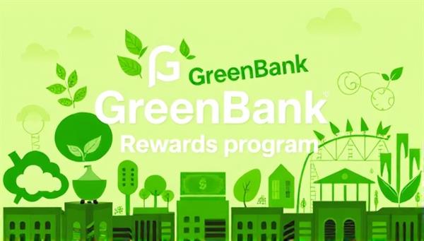 An eco-conscious visual representation of the GreenBank Rewards program, showcasing a harmonious blend of financial services and environmental stewardship through vibrant green imagery and sustainable banking symbols.