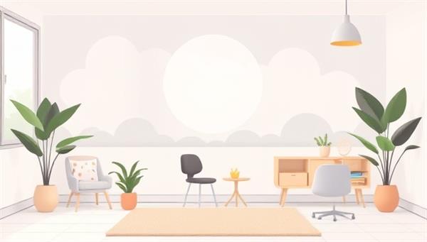 A serene digital waiting room with calming visuals, plants, and a comfortable chair, symbolizing a safe and welcoming environment for mental health support sessions on the platform.