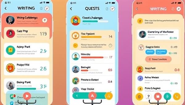 A vibrant and colorful mobile interface showcasing a variety of writing challenges, quests, and progress bars, accompanied by virtual badges, rewards, and a dynamic community feed, creating an immersive and engaging writing experience for users.