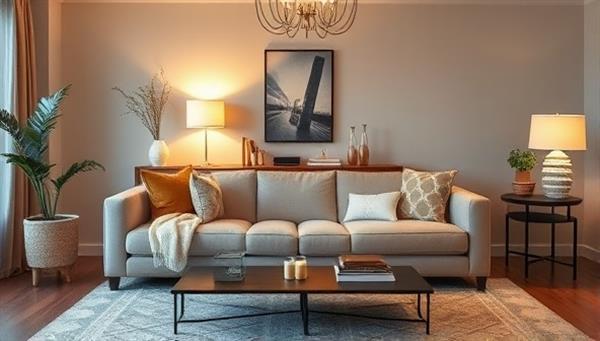 An inviting living room scene with a cozy sofa, elegant lighting, and decorative accents from a subscription box, creating a harmonious and personalized home space that reflects individual style preferences.