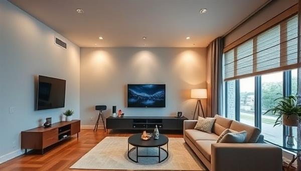 A sleek, modern living room with voice-activated lighting, a smart thermostat, and automated window shades, illustrating the seamless integration of smart home technology into everyday living.