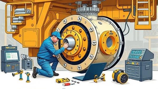 An illustrative graphic depicting a repair technician conducting maintenance on a large mining equipment component, surrounded by diagnostic tools and repair materials, showcasing the expertise and precision of FixMine Solutions
