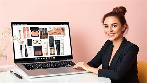 A virtual beauty consultation setup featuring a stylish laptop screen displaying makeup swatches, skincare product recommendations, and a smiling beauty consultant interacting with a client through a video call, exuding professionalism and expertise.