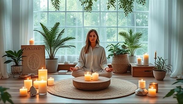 A serene virtual sanctuary setting with a mental wellness practitioner leading a guided meditation session, surrounded by candles, crystals, and soothing nature sounds, creating a tranquil and rejuvenating atmosphere for participants to unwind and nurture their mental well-being.