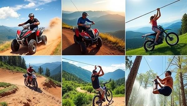 An action-packed collage featuring images of off-road ATV rides, mountain biking adventures, and zip-lining tours, capturing the excitement and thrill of the subscription service for adventure enthusiasts.