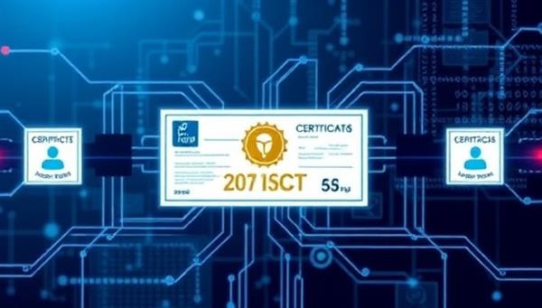 A secure and transparent certification platform powered by blockchain technology, showcasing digital certificates, verification processes, and a decentralized database, emphasizing trust, authenticity, and industry recognition.