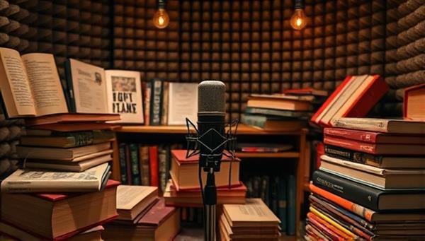 An artistic audio recording setup with a microphone surrounded by poetry books, soundproofing panels, and mood lighting, creating a cozy and immersive environment for recording poetic performances and discussions.