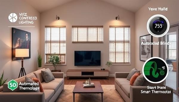 A modern living room with integrated smart home devices such as voice-controlled lighting, automated blinds, and a smart thermostat, showcasing a comfortable and technologically advanced home environment.