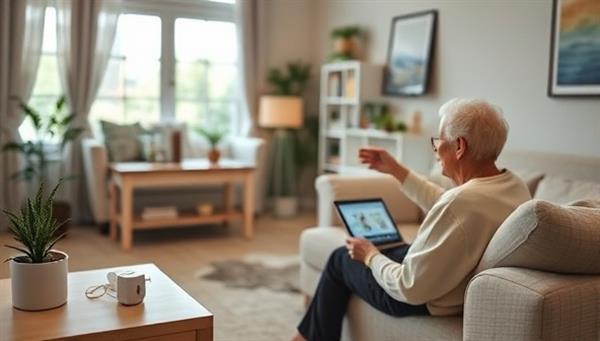 A cozy home setting with smart sensors and monitoring devices discreetly placed, a family member remotely checking in on a senior loved one through a digital interface, and a serene atmosphere, symbolizing peace of mind and security in remote elderly care monitoring.