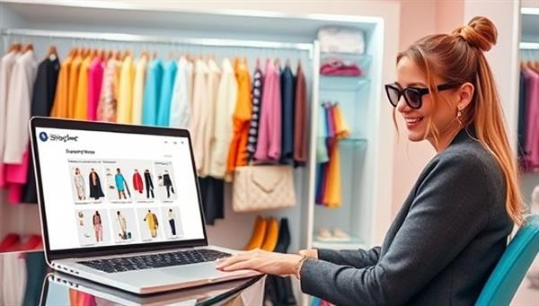 A vibrant and chic virtual closet filled with stylish clothing items, a laptop displaying the StyleSphere platform, and a fashionista happily browsing through outfit suggestions, creating a trendy and personalized fashion experience.