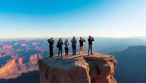 A group of workshop participants standing on a majestic cliff overlooking a breathtaking landscape, each capturing the scene with their cameras, portraying the essence of adventure and photography combined in a stunning natural setting.
