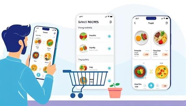 An animated visual of a user browsing through SmartMeal AI app screens, selecting recipes, adding ingredients to a virtual shopping cart, and tracking meal progress, showcasing the app