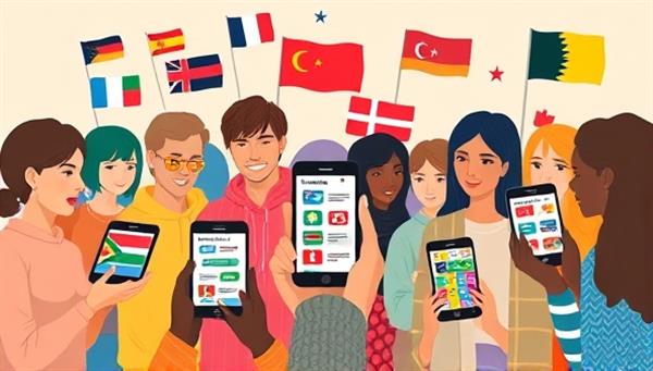 An artistic depiction of a diverse group of users engaging in virtual language lessons and cultural exchanges through the LingoConnect app, with colorful language flags and interactive learning tools displayed on their screens, representing the app