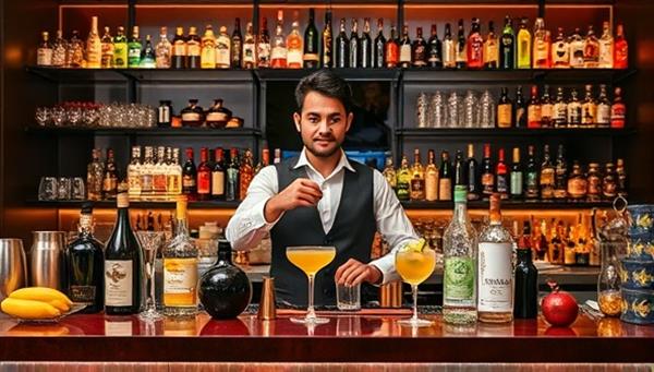 A chic bar setup with a mixologist showcasing cocktail ingredients and tools on a stylish counter, surrounded by colorful bottles, fresh fruits, and decorative glassware, radiating sophistication and cocktail craftsmanship.