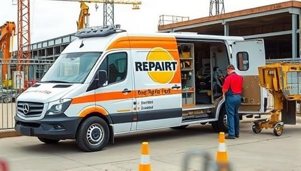 A mobile repair van equipped with tools and equipment parked at a construction site, with a technician in uniform inspecting a heavy machine, illustrating the convenience and efficiency of on-the-go equipment repair services for construction professionals.