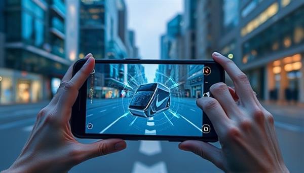 An AR-enabled mobile device displaying a virtual product floating in a real-world setting, with interactive features inviting users to explore and engage with the advertisement, illustrating the immersive nature of AR advertising.