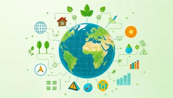 An artistic representation of a digital globe surrounded by various eco-friendly icons and symbols, symbolizing the interconnectedness of businesses and sustainability in a virtual world.