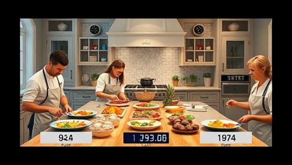 A vibrant visual of a virtual cooking challenge with participants preparing dishes in their kitchens, ingredients laid out, timers ticking, and judges providing feedback, capturing the excitement and creativity of the culinary competition.
