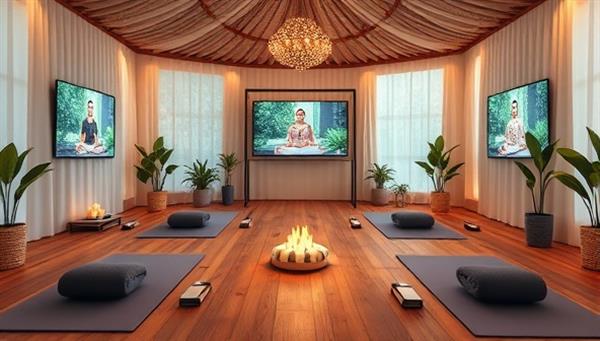 An immersive and tranquil virtual retreat setting with a blend of yoga mats, herbal teas, calming scents, and digital screens displaying wellness workshops and meditation sessions, creating a serene and rejuvenating atmosphere for Serenity Escape participants.