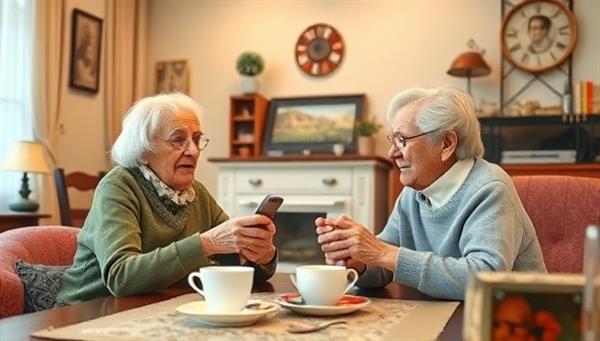 A heartwarming virtual tea time scene with an elderly individual and their companion engaging in a friendly conversation over a video call, surrounded by cozy home decor and nostalgic items, creating a sense of connection and companionship.