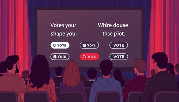 An engaging illustration showing a group of people watching a movie on a big screen with interactive buttons displayed, allowing them to vote and shape the plot, creating a dynamic and participatory movie night experience.
