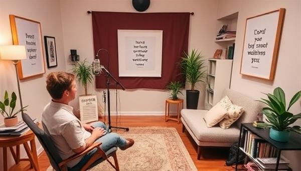 A serene podcast studio setup featuring a host recording a wellness episode, surrounded by calming decor, positive affirmations, and mental health resources, creating a safe and welcoming space for listeners to explore insightful and supportive content on the MindFuel Media podcast network.