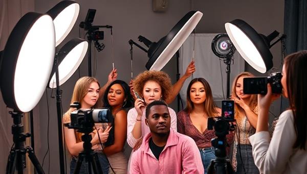 An energetic TikTok influencer agency scene with beauty creators filming engaging makeup tutorials and skincare routines, surrounded by ring lights, cameras, and makeup products, capturing the essence of creativity and collaboration in the world of beauty content creation.
