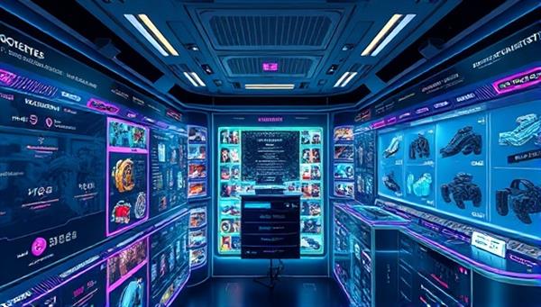 An immersive digital marketplace within CryptoCollect Exchange showcasing a variety of virtual assets, from rare skins and collectibles to in-game items, all securely stored and verified through blockchain technology, featuring a futuristic interface with transparent transaction histories and real-time asset values, illustrating the transparency and security of the platform.