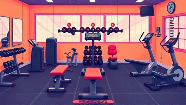 An energetic digital illustration showcasing a variety of custom fitness equipment, including personalized dumbbells, adjustable workout benches, and innovative cardio machines, displayed in a vibrant home gym setting, inspiring motivation and creativity in fitness routines.