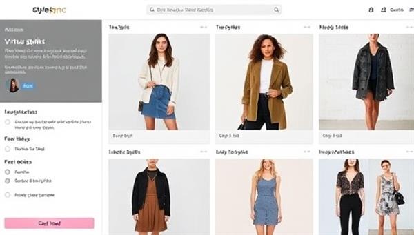 An online styling session interface featuring the StyleSync platform with virtual stylist recommendations, outfit mood boards, and style inspirations tailored to the client