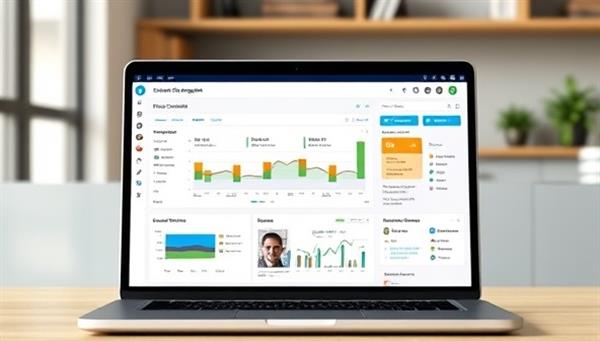 An interactive dashboard on a laptop screen displaying a construction project timeline, budget tracker, and team communication tools, illustrating the platform