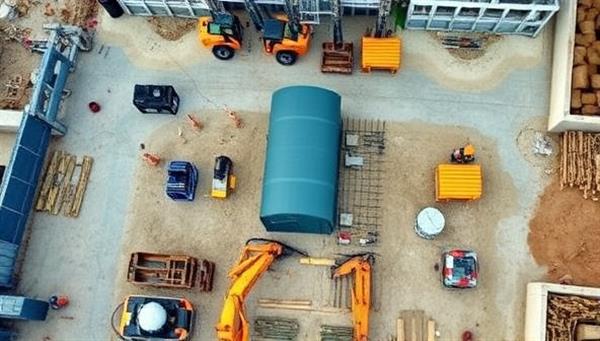 An aerial view captured by a drone showing a construction site with workers, machinery, and materials in motion, illustrating the real-time monitoring capabilities of SkyView Insights for tracking construction progress and site activities.