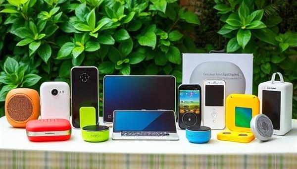 An array of colorful sustainable tech gadgets displayed on a table with green foliage in the background, showcasing the variety and eco-friendly aspect of the rental service in a visually appealing way.