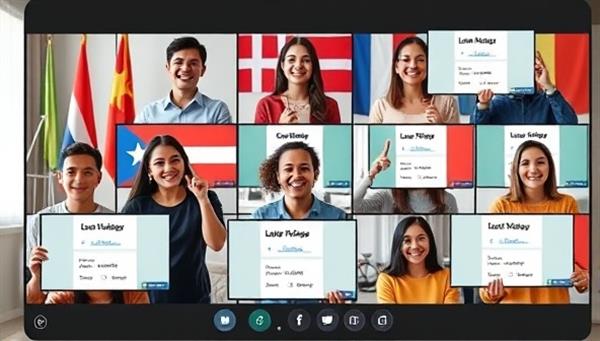 A diverse group of individuals engaging in a virtual language lesson via the LingoVerse Connect platform, with language flags in the background, interactive language exercises on screens, and enthusiastic expressions, representing a vibrant language learning community.