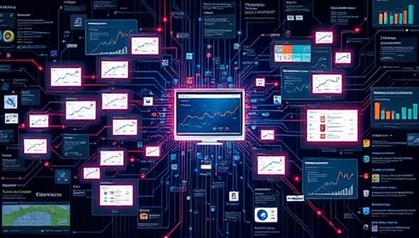 An intricate visualization of a digital ad ecosystem with interconnected data points, analytics dashboards, and automated optimization processes, representing the sophisticated data-driven programmatic advertising approach of DataPulse Media in a dynamic and visually compelling manner.