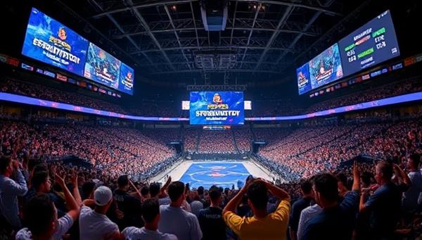 An esports arena filled with cheering fans, giant screens displaying live matches, and digital banners showcasing EsportPredictor predictions and success rates, creating a dynamic and competitive atmosphere for esports betting enthusiasts.