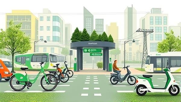 An urban collage featuring various modes of sustainable transportation, including electric bikes, scooters, and public transit vehicles, all converging towards a central subscription service hub, surrounded by green initiatives and eco-friendly branding, symbolizing a cohesive and eco-conscious urban mobility ecosystem.