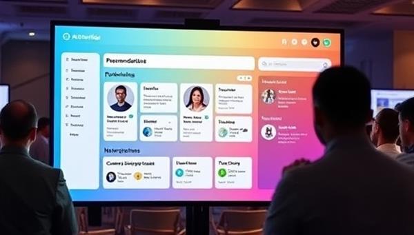An AI-powered virtual networking platform interface displaying personalized recommendations, networking opportunities, and interactive features for attendees to connect and engage with like-minded professionals in a virtual event setting, highlighting the efficiency and effectiveness of the networking platform.