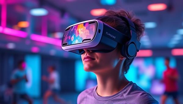 An artistic rendering of a person wearing a VR headset, immersed in a virtual fitness world filled with vibrant colors and dynamic workout challenges, showcasing the blend of technology and physical activity.