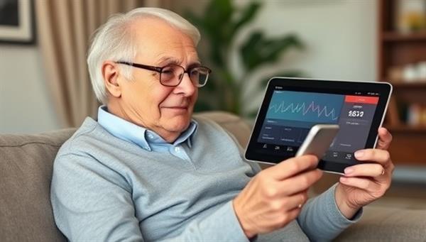 An elderly individual at home using a smart health monitoring device, with a sleek wearable tracker and a tablet displaying vital signs data, showcasing convenience and peace of mind for remote health monitoring.