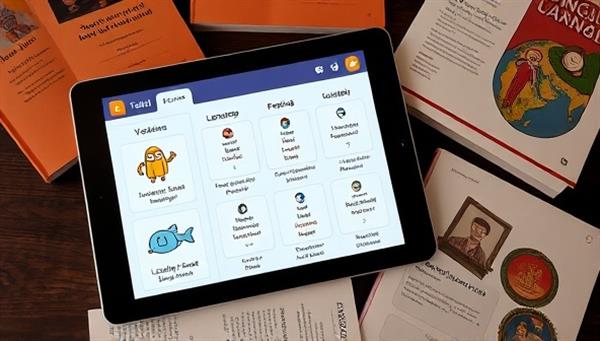 An interactive language learning interface on a tablet screen with AI tutoring features, vocabulary exercises, and language practice simulations, surrounded by language textbooks and cultural references, illustrating the immersive and effective language learning experience offered by LinguaBot Academy.