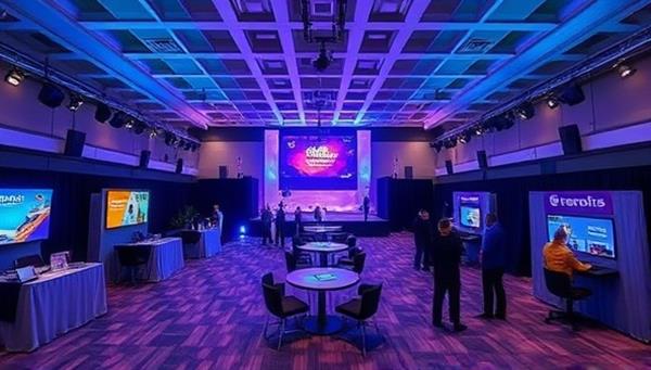 An immersive virtual event space with a stage, virtual booths, and interactive elements, showcasing the versatility and customization options available for hosting virtual gatherings with EventVirtuoso.
