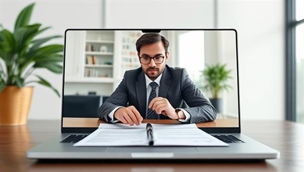 A professional virtual legal consultation setup on a laptop screen, featuring a real estate attorney discussing legal documents with a client via video call, showcasing expertise and professionalism in remote legal services for real estate matters.