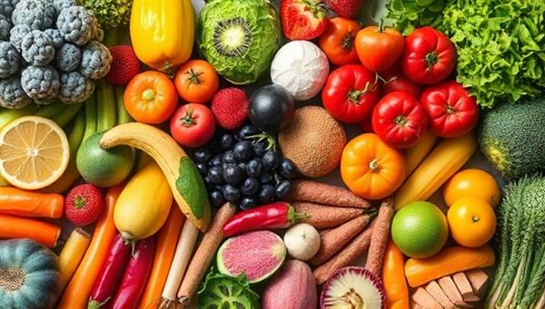 An array of fresh fruits, vegetables, and whole foods arranged in a visually appealing manner, symbolizing the concept of healthy eating and personalized nutrition planning offered by NourishWise Online.