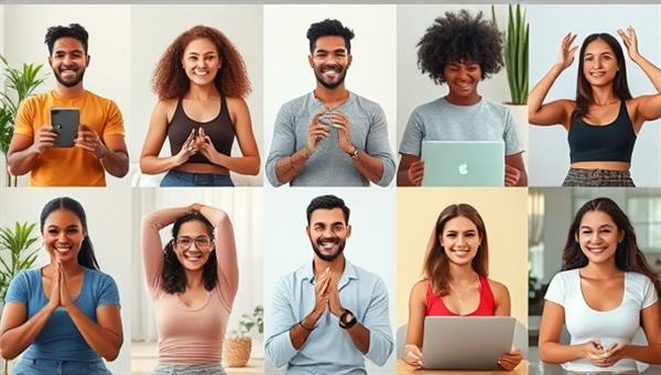 A vibrant and diverse group of individuals participating in a virtual wellness session, each engaged in activities related to nutrition, fitness, and mental well-being, showcasing a harmonious blend of wellness elements through technology.