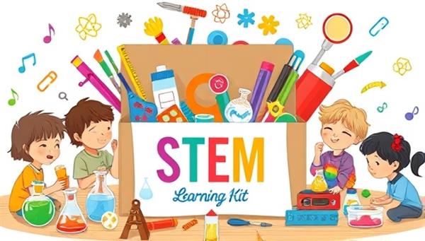 An artistic representation of a STEM learning kit box filled with colorful science tools, engineering materials, and technology components, surrounded by curious young minds engaged in hands-on experiments and collaborative learning, sparking creativity and exploration.